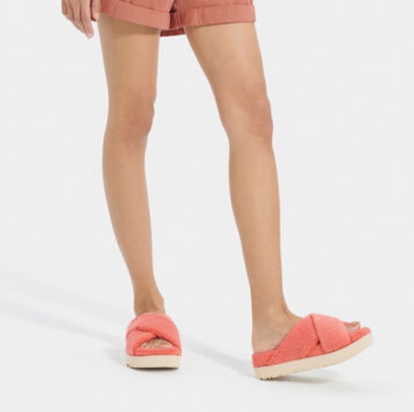 Ugg Fuzz Sugar Terry Cross Slide Sandals Peach Bliss - Picture 7 of 7
